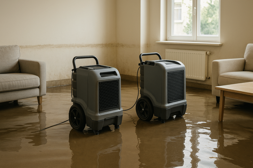 Profesjonalne osuszanie budynku po zalaniu – osuszacze kondensacyjne w salonie