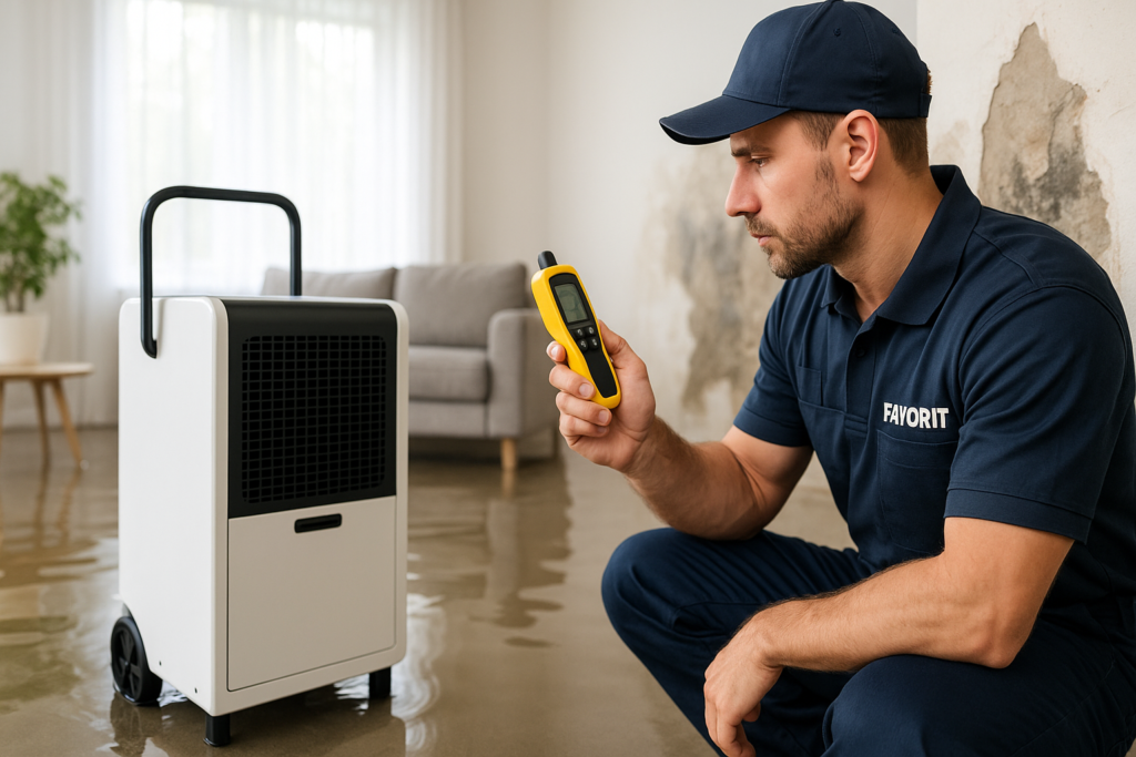 Technik FAVORIT nadzorujący osuszacz kondensacyjny w zalanym salonie